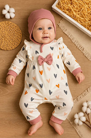 Kalp Desenli % 100 Pamuk Kız Bebek Tulumu