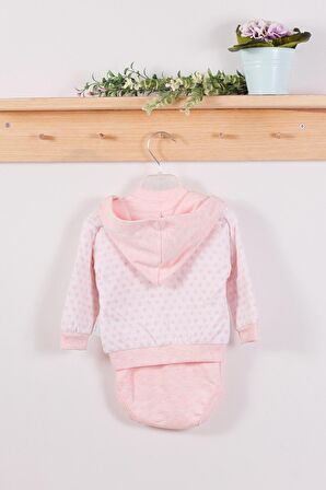 Puan Desenli Kapişonlu % 100 Pamuk 3'lü Kız Bebek Takım Somon