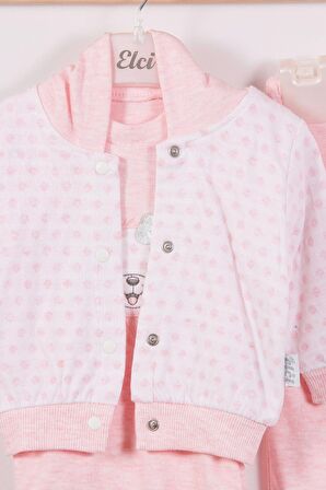 Puan Desenli Kapişonlu % 100 Pamuk 3'lü Kız Bebek Takım Somon