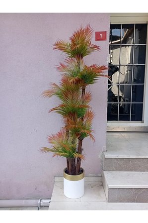 Kızıl Areka Palmiye Sonbahar Ağacı Gold Kemerli metal vazoda 180 cm 54 yaprak dolgun yapay ağaç