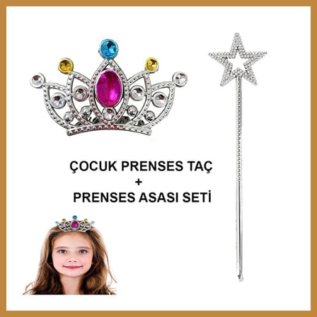 Bezos Çocuklar İçin Taraklı Prenses Tacı ve Prenses Yıldız Asa Seti Gümüş CNK