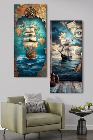 2'Li Nostaljik Gemi Ve Harita Temalı Kanvas Tablo Seti - Klasik Denizci Duvar Dekoru - 2X(30X70 Cm)