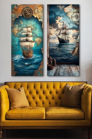 2'Li Nostaljik Gemi Ve Harita Temalı Kanvas Tablo Seti - Klasik Denizci Duvar Dekoru - 2X(30X70 Cm)
