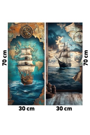 2'Li Nostaljik Gemi Ve Harita Temalı Kanvas Tablo Seti - Klasik Denizci Duvar Dekoru - 2X(30X70 Cm)