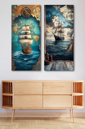 2'Li Nostaljik Gemi Ve Harita Temalı Kanvas Tablo Seti - Klasik Denizci Duvar Dekoru - 2X(30X70 Cm)
