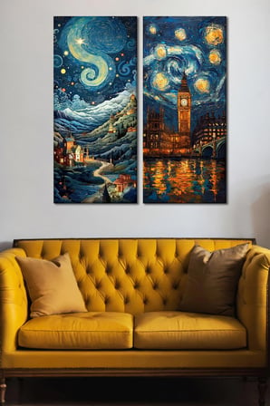 2'li Van Gogh Yıldızlı Gece Sanat Temalı Kanvas Tablo - Şehir ve Gece Duvar Dekoru - 30x70 cm