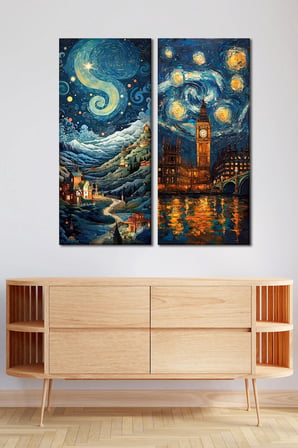 2'li Van Gogh Yıldızlı Gece Sanat Temalı Kanvas Tablo - Şehir ve Gece Duvar Dekoru - 30x70 cm
