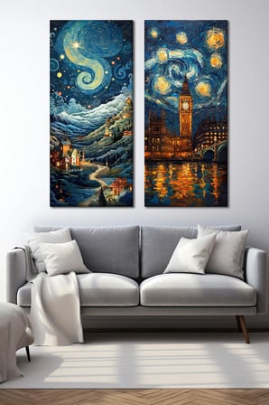 2'li Van Gogh Yıldızlı Gece Sanat Temalı Kanvas Tablo - Şehir ve Gece Duvar Dekoru - 30x70 cm