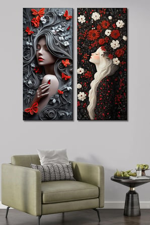 2'li Estetik Kadın Portresi, Kelebek ve Çiçek Temalı Kanvas Tablo Seti - Modern Duvar Dekoru (30x70 cm x 2 Parça)