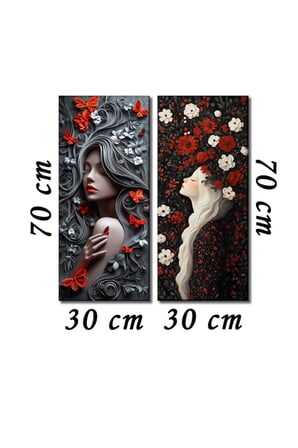 2'li Estetik Kadın Portresi, Kelebek ve Çiçek Temalı Kanvas Tablo Seti - Modern Duvar Dekoru (30x70 cm x 2 Parça)