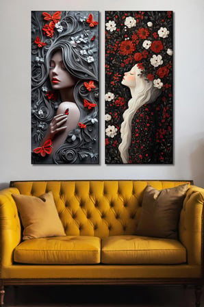 2'li Estetik Kadın Portresi, Kelebek ve Çiçek Temalı Kanvas Tablo Seti - Modern Duvar Dekoru (30x70 cm x 2 Parça)