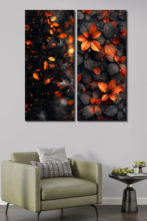 2'li Turuncu Ve Siyah Sonbahar Yaprakları Temalı Kanvas Tablo Seti - Modern Duvar Dekoru - 30x70 cm