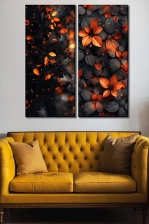 2'li Turuncu Ve Siyah Sonbahar Yaprakları Temalı Kanvas Tablo Seti - Modern Duvar Dekoru - 30x70 cm