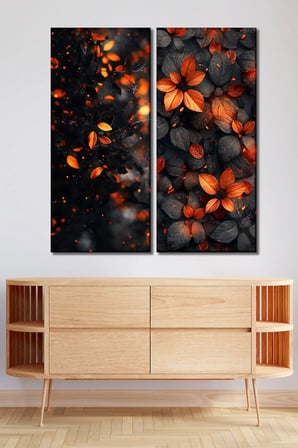 2'li Turuncu Ve Siyah Sonbahar Yaprakları Temalı Kanvas Tablo Seti - Modern Duvar Dekoru - 30x70 cm