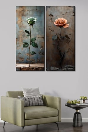 2'li Vintage Gül Temalı Kanvas Tablo Seti - Rustic Duvar Dekoru (30x70 cm x 2 Parça)