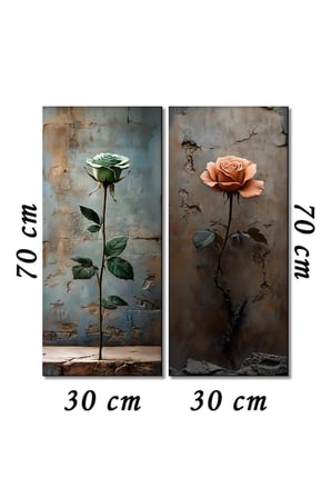 2'li Vintage Gül Temalı Kanvas Tablo Seti - Rustic Duvar Dekoru (30x70 cm x 2 Parça)