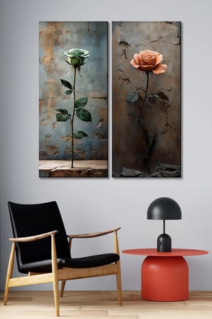 2'li Vintage Gül Temalı Kanvas Tablo Seti - Rustic Duvar Dekoru (30x70 cm x 2 Parça)