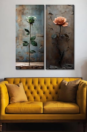 2'li Vintage Gül Temalı Kanvas Tablo Seti - Rustic Duvar Dekoru (30x70 cm x 2 Parça)