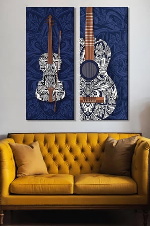 2'li Mandala Desenli Keman Ve Gitar Temalı Kanvas Tablo-Lacivert Müzik Odası Duvar Dekoru - 30x70 cm
