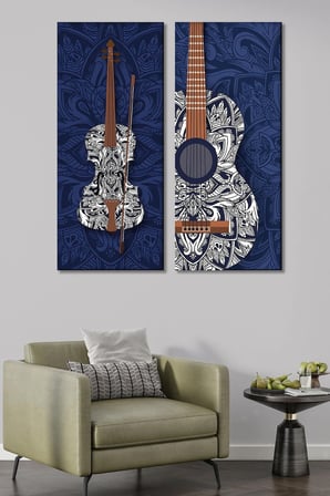 2'li Mandala Desenli Keman Ve Gitar Temalı Kanvas Tablo-Lacivert Müzik Odası Duvar Dekoru - 30x70 cm