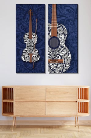2'li Mandala Desenli Keman Ve Gitar Temalı Kanvas Tablo-Lacivert Müzik Odası Duvar Dekoru - 30x70 cm