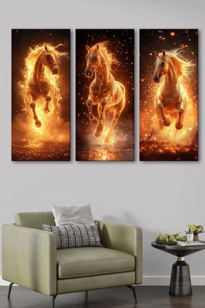 3'Lü Alevli Şahlanan Atlar Kanvas Tablo Seti - Modern Ve Enerjik Duvar Dekoru (30X70 Cm X 3 Parça)