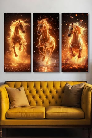 3'Lü Alevli Şahlanan Atlar Kanvas Tablo Seti - Modern Ve Enerjik Duvar Dekoru (30X70 Cm X 3 Parça)