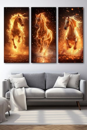 3'Lü Alevli Şahlanan Atlar Kanvas Tablo Seti - Modern Ve Enerjik Duvar Dekoru (30X70 Cm X 3 Parça)