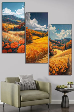 3'lü Sonbahar Manzarası ve Ayçiçeği Tarlası Kanvas Tablo Seti - Doğa Temalı Duvar Dekoru - 30x70 cm