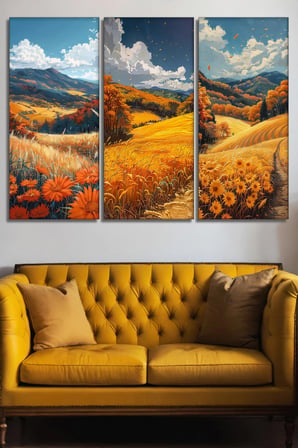3'lü Sonbahar Manzarası ve Ayçiçeği Tarlası Kanvas Tablo Seti - Doğa Temalı Duvar Dekoru - 30x70 cm