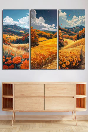 3'lü Sonbahar Manzarası ve Ayçiçeği Tarlası Kanvas Tablo Seti - Doğa Temalı Duvar Dekoru - 30x70 cm