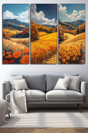 3'lü Sonbahar Manzarası ve Ayçiçeği Tarlası Kanvas Tablo Seti - Doğa Temalı Duvar Dekoru - 30x70 cm