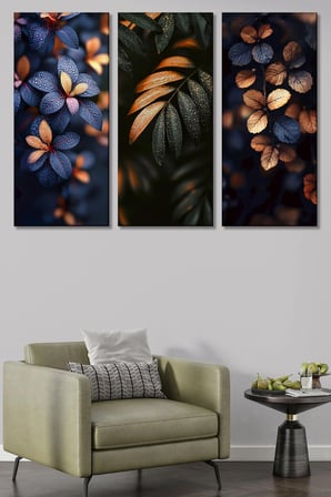 3'lü Gece Yaprakları Ve Su Damlası Temalı Kanvas Tablo Seti-Modern Ve Estetik Duvar Dekoru - 30x70 cm