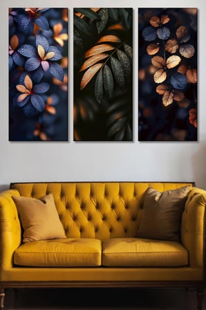 3'lü Gece Yaprakları Ve Su Damlası Temalı Kanvas Tablo Seti-Modern Ve Estetik Duvar Dekoru - 30x70 cm