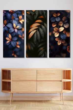 3'lü Gece Yaprakları Ve Su Damlası Temalı Kanvas Tablo Seti-Modern Ve Estetik Duvar Dekoru - 30x70 cm