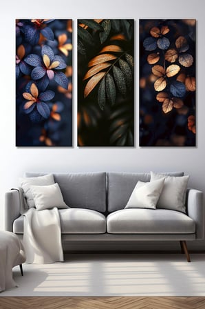 3'lü Gece Yaprakları Ve Su Damlası Temalı Kanvas Tablo Seti-Modern Ve Estetik Duvar Dekoru - 30x70 cm
