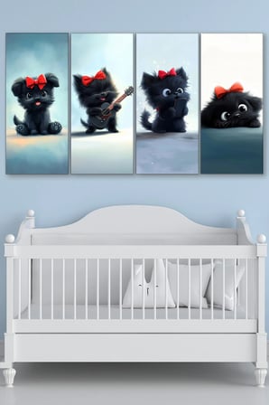 4'Lü Çocuk Ve Bebek Odası Kanvas Tablo Seti - Sevimli Siyah Köpekçik Figürlü Duvar Dekoru - 30X70 Cm