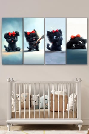 4'Lü Çocuk Ve Bebek Odası Kanvas Tablo Seti - Sevimli Siyah Köpekçik Figürlü Duvar Dekoru - 30X70 Cm