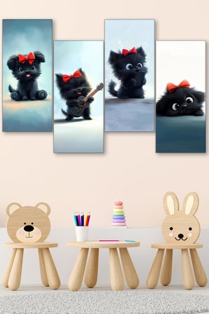 4'Lü Çocuk Ve Bebek Odası Kanvas Tablo Seti - Sevimli Siyah Köpekçik Figürlü Duvar Dekoru - 30X70 Cm
