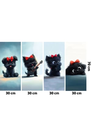 4'Lü Çocuk Ve Bebek Odası Kanvas Tablo Seti - Sevimli Siyah Köpekçik Figürlü Duvar Dekoru - 30X70 Cm