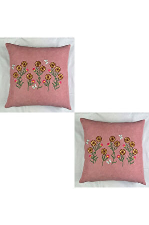 Çiçek Desenli Nakışlı Kırlent Kılıfı Fermuarlı 2'li 40x40