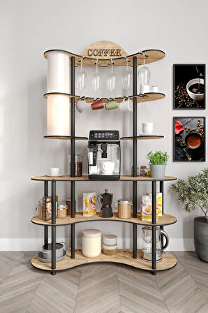 BREW-BLISS MUTLU KAHVE KÖŞESİ-ÇOK AMAÇLI MUTFAK RAFI SAFİR MEŞE-LAMBADER AYDINLATMALI