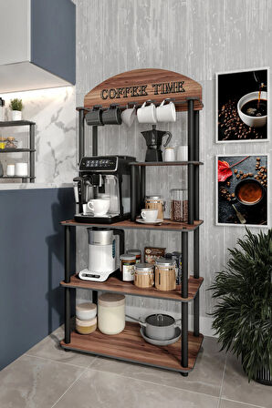 Dekoratif Çok Amaçlı Katlı Coffee Tıme Kahve Köşesi Ceviz Madran 39 Cm X 69 Cm Tüm Kahve Makineleri