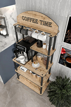 Dekoratif Kahve Köşesi Coffee Time 38 Cmx69 Cm Çok Amaçlı Raf Safir Meşe Tüm Kahve Makineleri