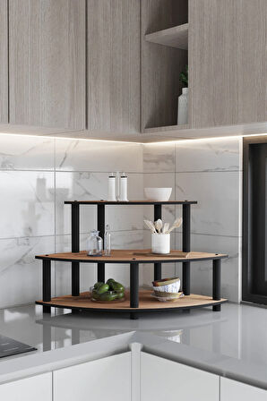 DEKORATİF OVAL KÖŞE 3 KATLI TEZGAH ÜSTÜ RAF 50 CM X 50 CM MADRAN CEVİZ