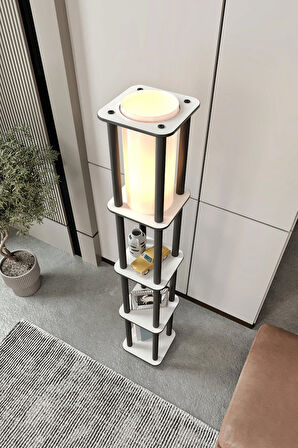 Dekoratif Estantes Kare Beyaz Raflı Lambader