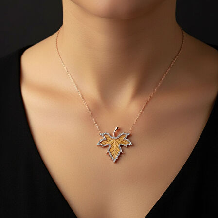 Modahilye 925 Ayar Gümüş Çınar Yaprağı Rose Gold Renk Kolye