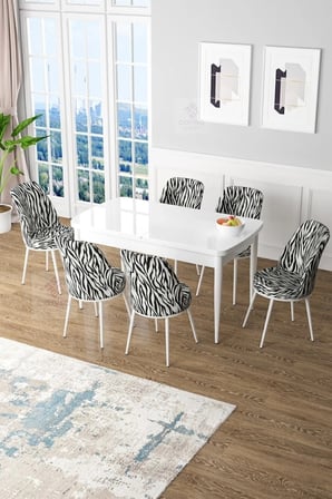 Zen Serisi 80x132 Mdf Açılabilir Beyaz Masa Takımı Ve 6 Zebra Sandalye