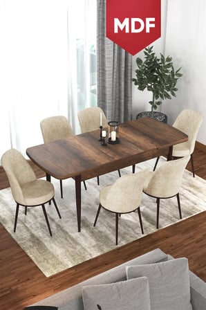 Via Serisi MDF 80x132 Açılabilir Mutfak Masası Takımı Barok Desen Masa 6 Krem Sandalye