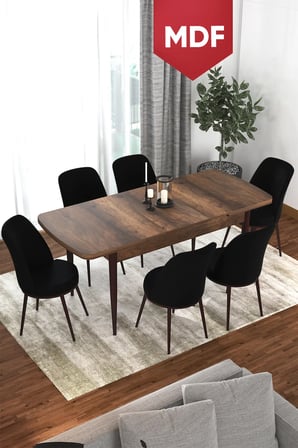 Via Serisi MDF 80x132 Açılabilir Mutfak Masası Takımı Barok Desen Masa 6 Siyah Sandalye